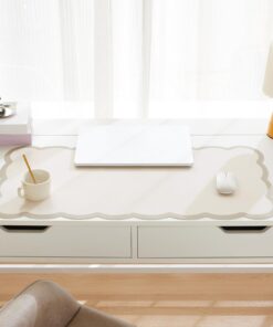 Alternative view of Scalloped Desk Mat, 31.5" x 15.7" Large Cute Beige Khaki Aesthetic Desk Accessories, PU Leather Computer Laptop Desk Mat Mouse Keyboard Pad, Desk Writing Makeup Mat for Vanity/Work/Home Decor