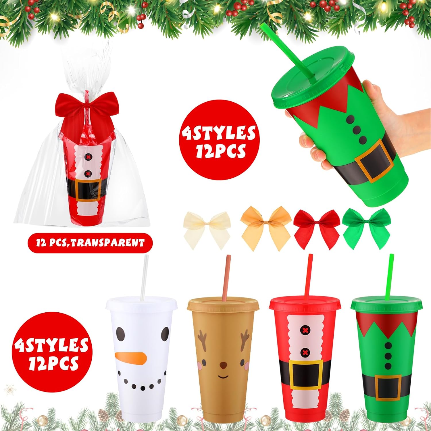 12 Pcs Reusable Christmas Cups Bulk Plastic Coffee Cups Tumbler with Lids and Straws Bow Bag Travel Mug 24 oz 4 Styles Cute Snowman Face Mugs Holiday Gift for Drinks Xmas Party Favor - Image 3