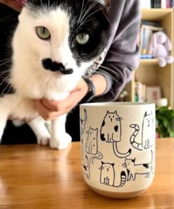 Alternative view of White-Grey Cartoon Cats Ceramic Mug with Handle Coffee Mug 550ml/18.6oz. Cute Funny Novelty Vintage Gift Hand Painted
