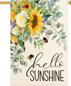 Baccessor Hello Sunshine Summer House Flag Sunflower Bee Eucalyptus Leaves Yard Flag 28 X 40 Inch Double Sided Burlap Large Spring Summer Flag for Outside Decor