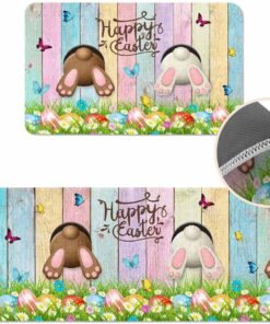 Artwork Store 2PCS Easter Eggs Kitchen Floor Mats, Watercolor Bunny Paw Non-Slip Kitchen Rugs Sets Blue Pink Teal Woodgrain Soft Cotton Linen Doormat for Hallway, Laundry Room, 16x24 Inch+16x47 Inch