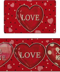 qiyeyeye 2Pcs Valentines Day Kitchen Mats for Floor Red Love Heart Non-Slip Washable Rugs Set for Holiday Decor Home Entrance Porch Valentines Door mat 16x24 and 16x47 Inch
