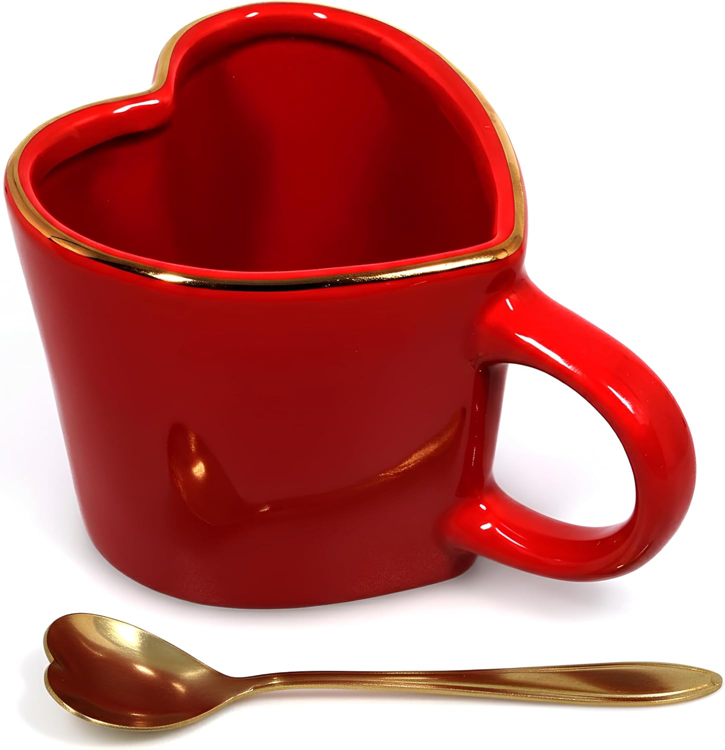15.5 oz Large Heart Mug with Gold Heart Spoon and gift box – Romantic Stoneware Coffee Cup, 460ml Holiday Drinkware, Christmas, Birthday Gifts for Couples, Her, Boyfriend, Girlfriend (Standard Box)