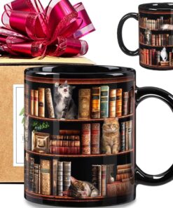 Cat Book Coffee Mug Gifts for Book Lovers, Bookish Mug Gifts for Readers, Library Bookshelf Cup, Cat Lovers Black Mugs 11oz