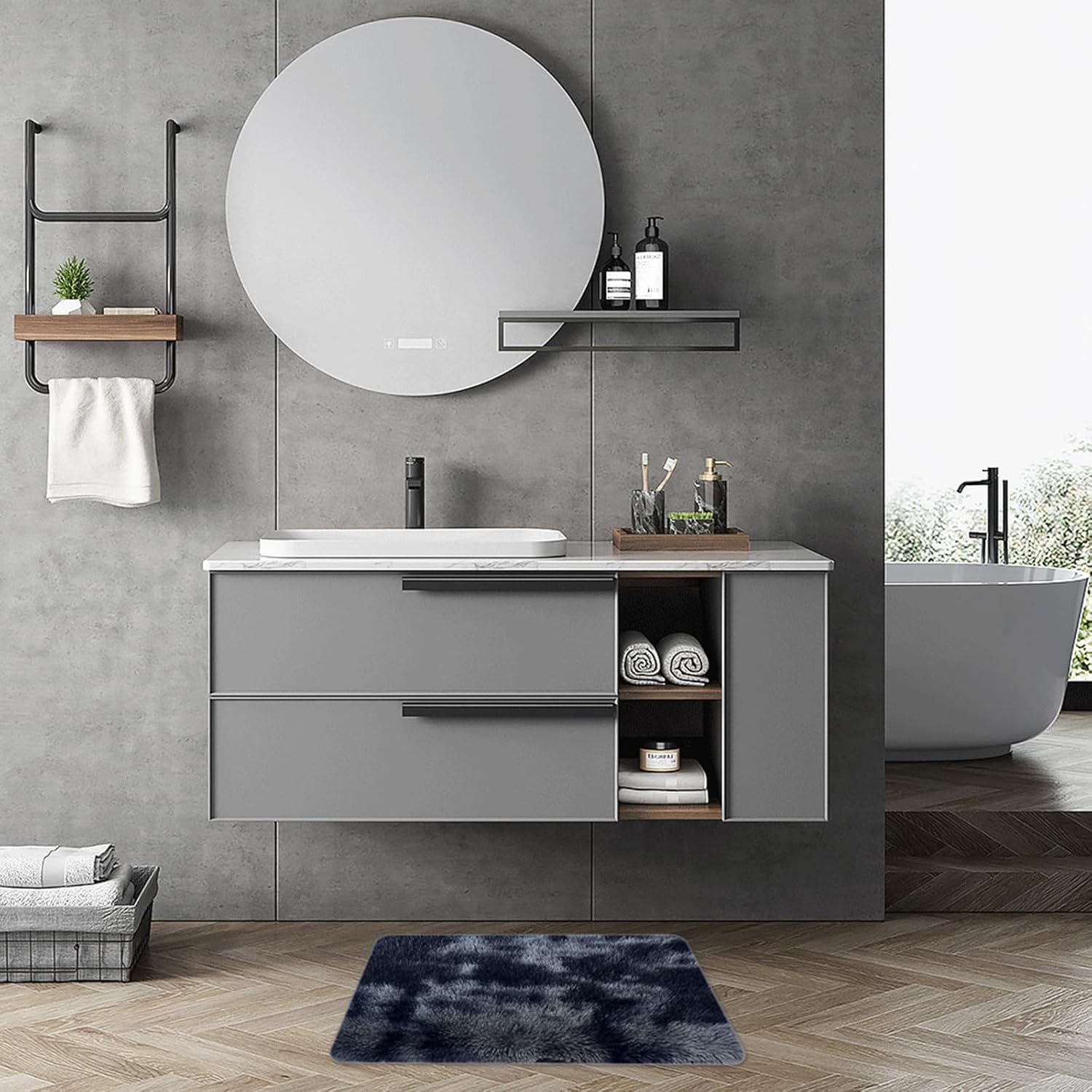 ConCus-T Grey Bath Mat Faux Fur Plush Bathroom Rugs Shaggy Soft Anti Slip Bath Carpet Doormat for Bedroom Bathroom Puppy Bed Mat, Tie-Dye Dark Grey, 24'' x 16'' - Image 2