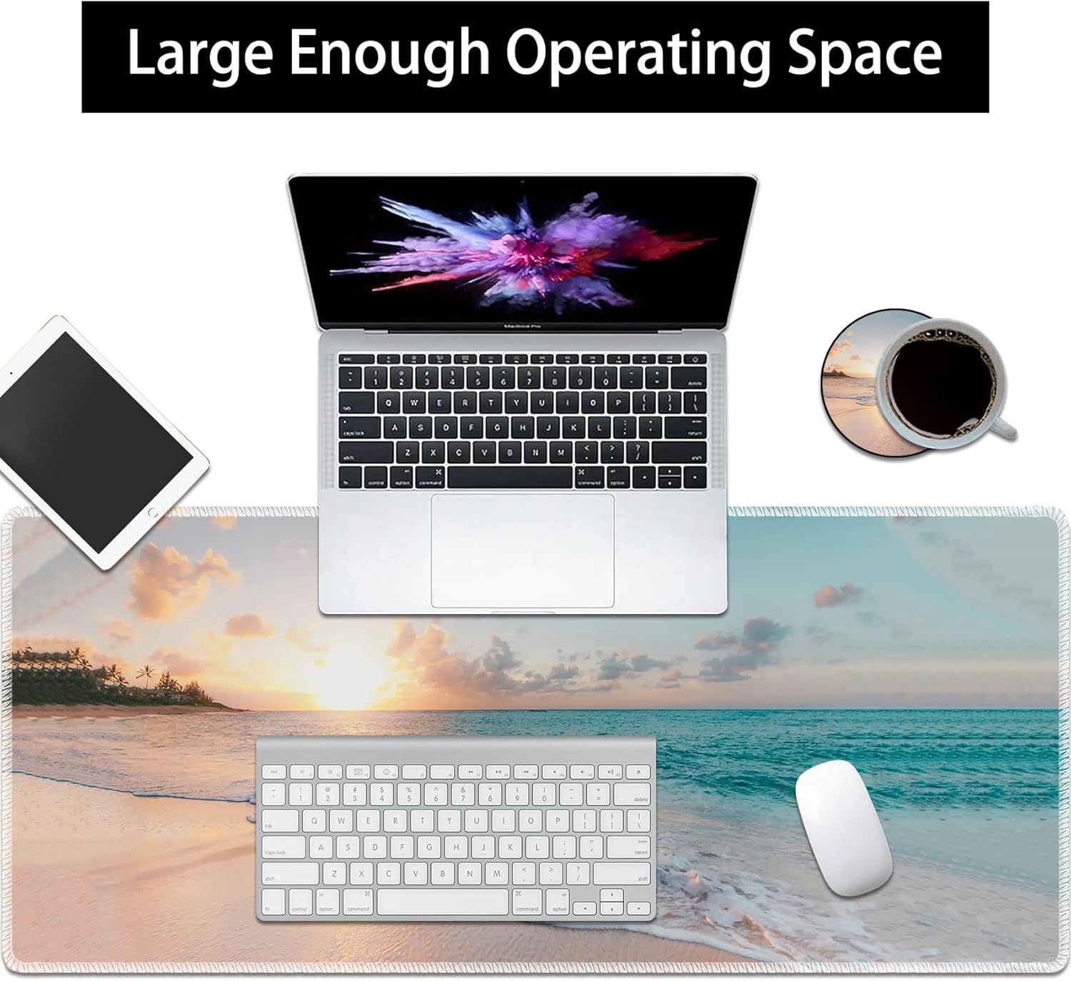 Durable Desk Mat and Coaster Stylish Set, Large Gaming Office Mouse Pad 31.5 "x 11.8", Extended Non-Slip Rubber Keyboard Pad, Laptop & Home, Sunny Beach - Image 2