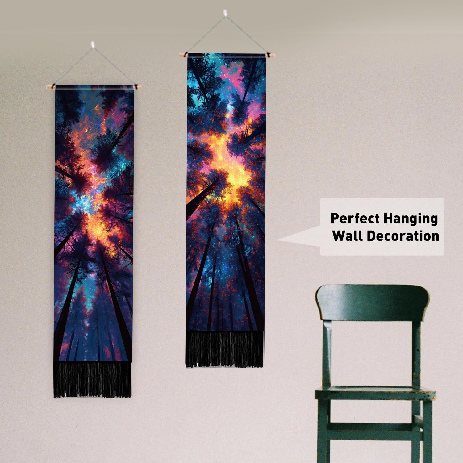 PLIGREAT 2 Pack Mysterious Sky Wall Tapestry, Colorful Forest Tapestry with Tassels Aesthetic Starry Night Wall Hanging for Bedroom Living Room Home Decor Vertical Art Tapestries, 52 x 13 Inch - Image 6