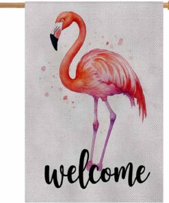 AOYEGO Welcome Flamingo House Flags 28 x 40 Double Sided Burlap Watercolor Flamingo Pink Graffiti Yard Flags Spring Summer Farmhouse Seasonal Outdoor Flag