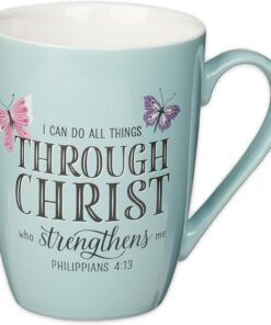 Christian Art Gifts Inspirational Microwave/Dishwasher Safe Ceramic Coffee & Tea Scripture Mug for Women: All Things Through Christ Encouraging Bible Verse, Cute Butterflies, Light Blue/White, 12 oz.