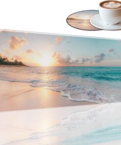 Durable Desk Mat and Coaster Stylish Set, Large Gaming Office Mouse Pad 31.5 "x 11.8", Extended Non-Slip Rubber Keyboard Pad, Laptop & Home, Sunny Beach