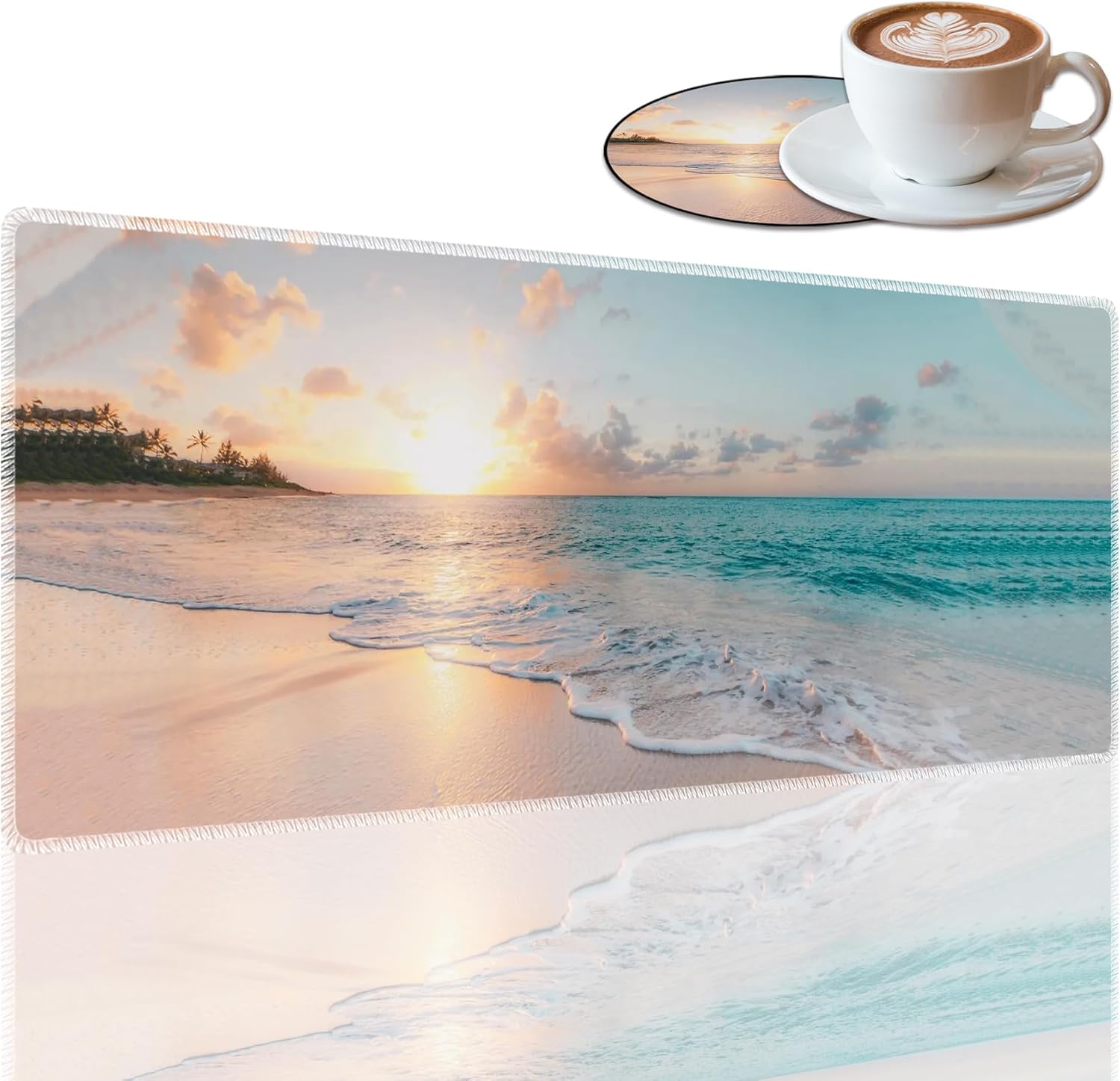Durable Desk Mat and Coaster Stylish Set, Large Gaming Office Mouse Pad 31.5 "x 11.8", Extended Non-Slip Rubber Keyboard Pad, Laptop & Home, Sunny Beach