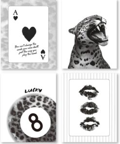 Pleonox Retro Leopard Lucky 8 Ball Canvas Wall Art Prints Set of 4, Black and White Cheetah Lip Kiss Poker Posters Pictures Wall Decor for Girls Bedroom Dorm Apartment Home, 8x10 Unframed
