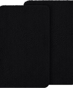 OLANLY Dog Door Mat Set 2-Piece 24x16, Absorbs Moisture and Dirt, Absorbent Non-Slip Washable Doormat, Quick Dry Chenille Mud Mat for Dogs, Entry Indoor Entryway Carpet for Inside Floor, Black