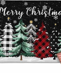 Buffalo Xmas Pine Tree Snowflake Black Welcome Mat - Merry Christmas Entrance Mat - Indoor Doormat (16" x 24")