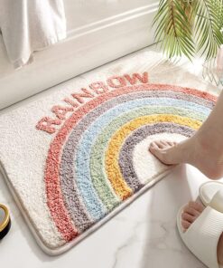 Akegna Rainbow Flocking Bath Mat, Bathroom Rug Water Absorbent Non-Slip Soft Microfiber Carpet Mat for Tub Sink Shower and Bath Room Cute Cartoon Doormat, 24"x 16"