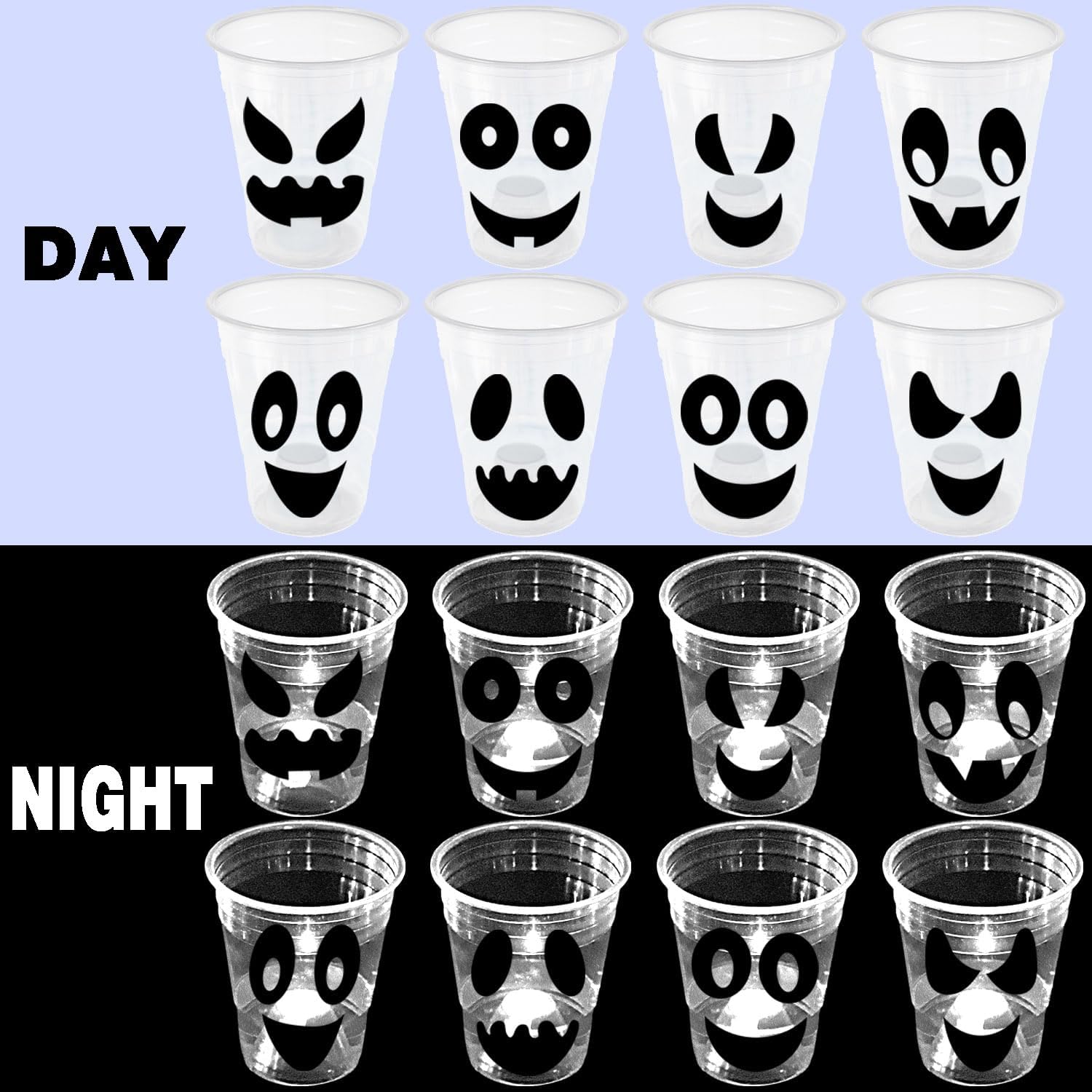 mishunyus 24 Pack Glow Halloween Ghost Cups Party Supplies, Available for Night Daytime, White Ghosts Face Party Cup, Holiday Spooky Trick or Treat Design (16 oz) - Image 2