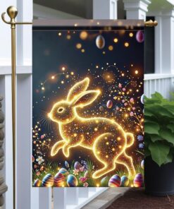 Tomhong Easter Bunny Garden Flag 12x18 Inch Double Sided Outdoor Yard Banner Glowing Golden Rabbit with Eggs Spring Holiday Decoration for Porch Patio Lawn Garden Decor