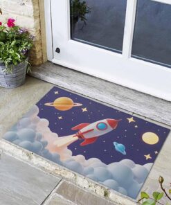 Indoor Door Mat, Rocket Space Universe Planet Absorbent Entrance Mat Doormat Low Profile Floor Mats for Front Back Door Entryway 16x24in Night Star Cartoon Style