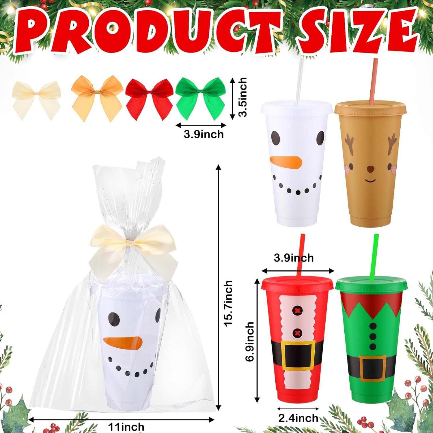 12 Pcs Reusable Christmas Cups Bulk Plastic Coffee Cups Tumbler with Lids and Straws Bow Bag Travel Mug 24 oz 4 Styles Cute Snowman Face Mugs Holiday Gift for Drinks Xmas Party Favor - Image 2