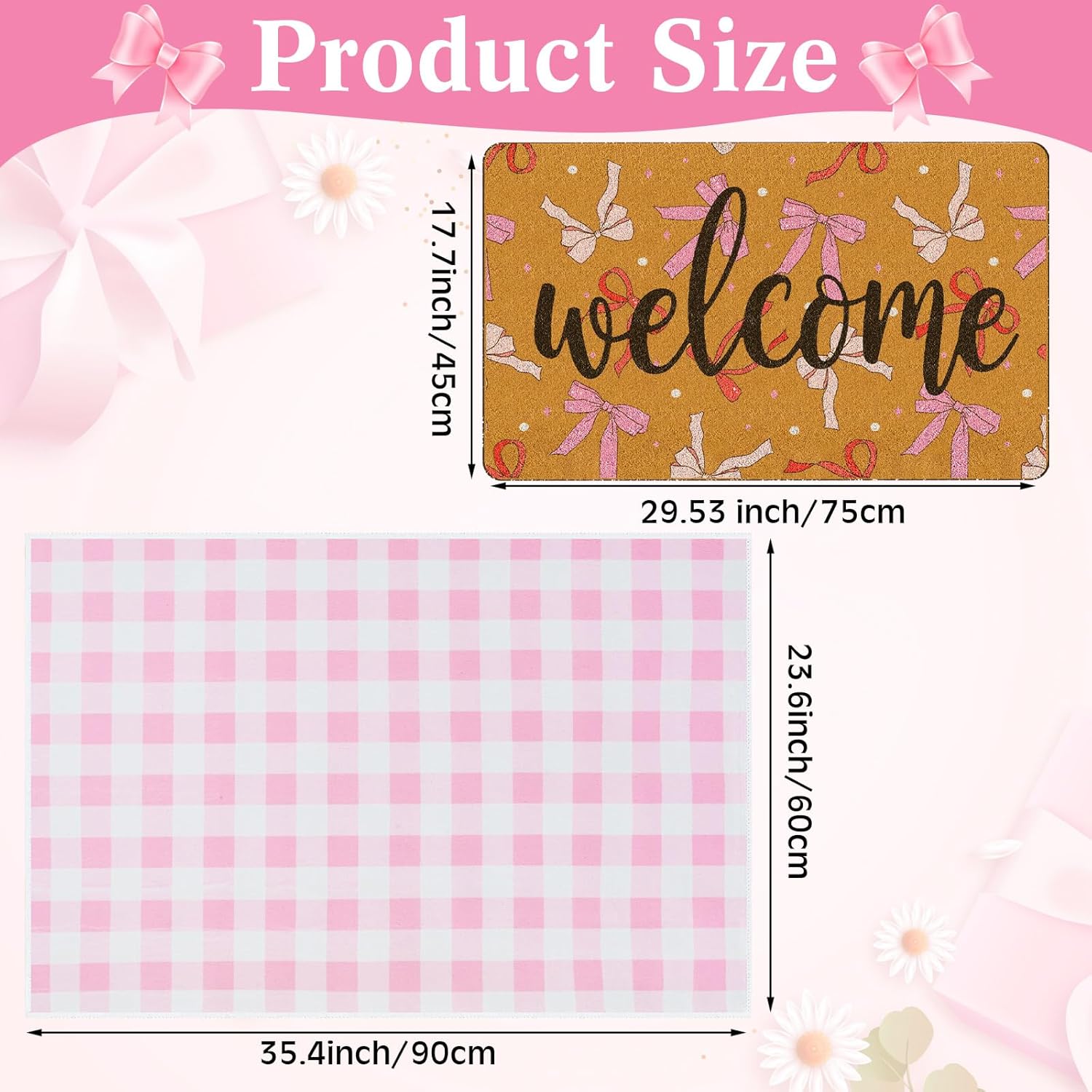 Tinideya 2 Pcs Pink Bow Welcome Doormat 23x35 in Layered Buffalo Plaid Carpet Coquette Non Slip Pink Bow Bathroom Mat Coir Mats Cute for Entrance Porch Indoor Outside Home Decor Gift Supplies - Image 3