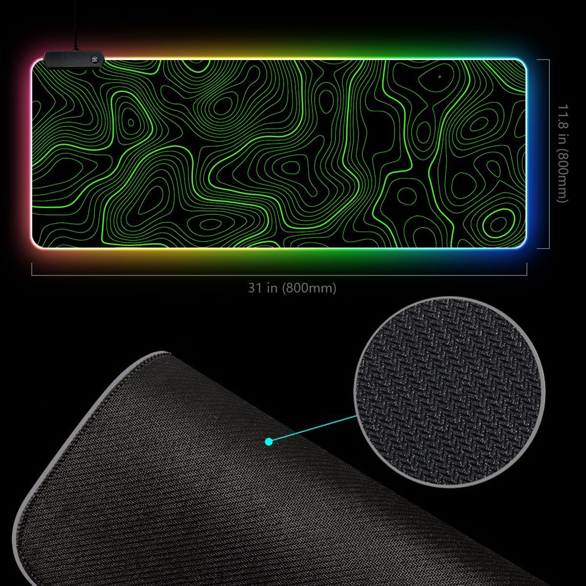 RGB Mouse Pad LED Desk Mat Large Gaming Mousepad Black and Green Line Design, Keyboard Pad XL Mouse Mat for Home and Office - Image 3