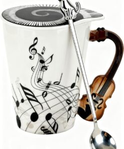 Violin Novelty Mug Unique Musical Gift Ceramic Tea Coffee Cup with Cool Music Themed Lid and Spoon,Birthday Holiday Gift for Musician,Women,Men,Teacher