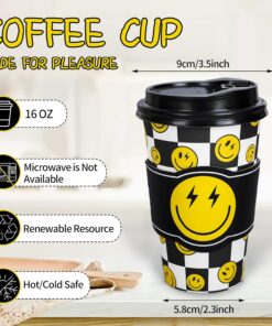 Alternative view of Whaline 50Pcs Smile Face Disposable Paper Cups with Lids and Sleeves 16Oz Black White Checkered Smile Pattern Coffee Cups for One Happy Dude Birthday Baby Shower