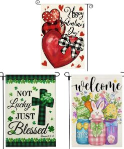 3 Pack Valentines Day St Patricks Day Easter Garden Flag 12 x 18 inch Double Sided Outside Decorations,Holiday Small Garden Flags For Outdoor Yard Lawn