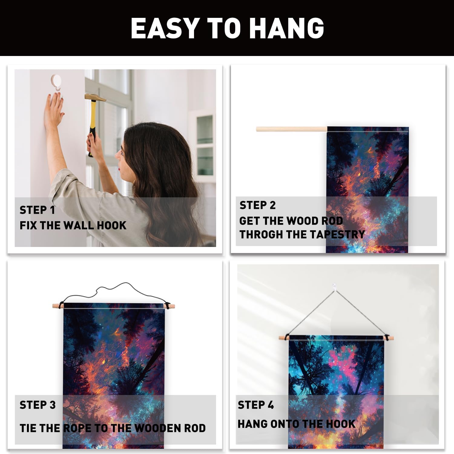 PLIGREAT 2 Pack Mysterious Sky Wall Tapestry, Colorful Forest Tapestry with Tassels Aesthetic Starry Night Wall Hanging for Bedroom Living Room Home Decor Vertical Art Tapestries, 52 x 13 Inch - Image 4