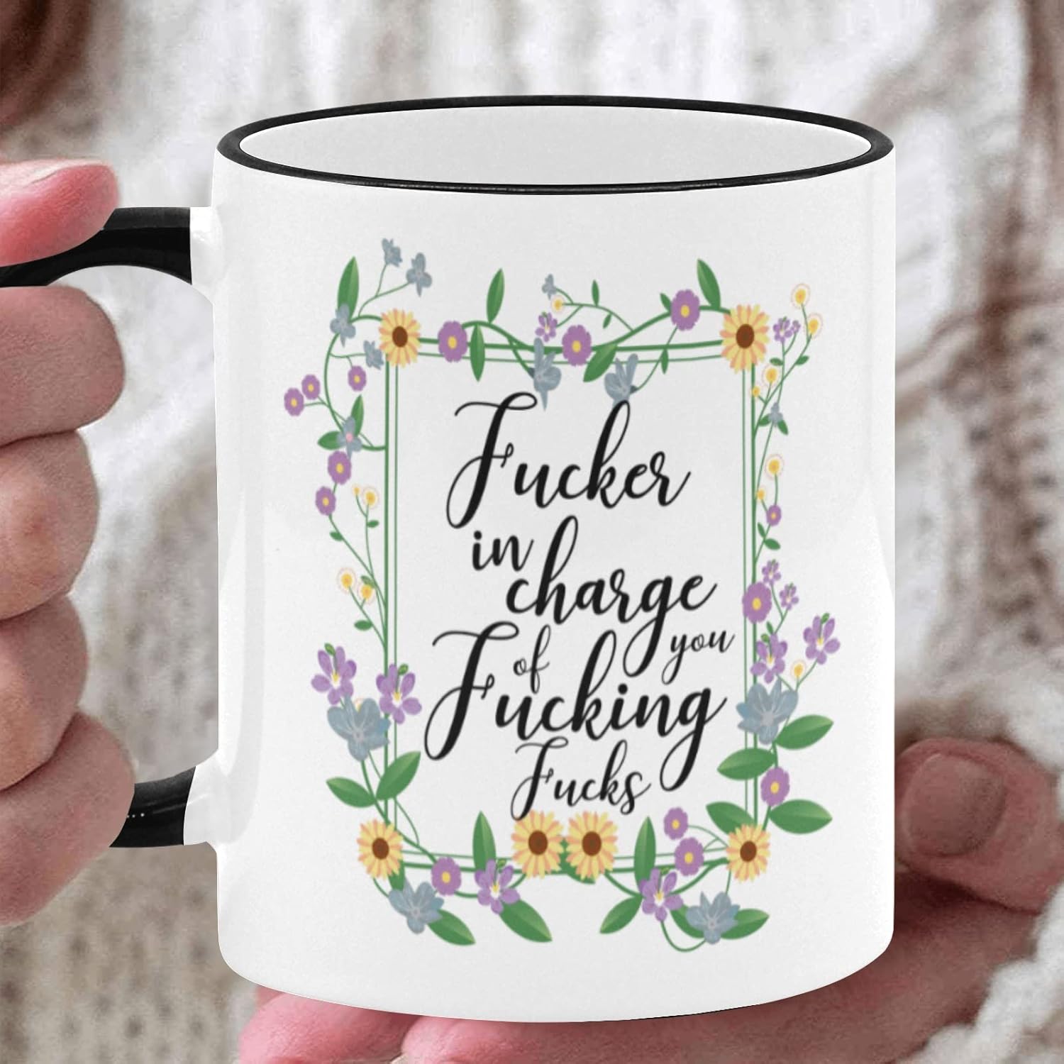 11 oz Ceramic Coffee Mug Tea Cup, Floral Flowers with Funny Rude Quote Coffee Mug Gift, Fucker In Charge Of You Fucking Fucks, Unique Birthday Christmas Sarcastic Gifts, Black + White - Image 4