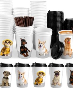 KPX 72 Sets Disposable Coffee Cups with Lids, White Brown To Go Paper Cups, 16 Ounce Hot Drink Cups with Lids & Straws for Office Parties Home Travel (Dog Theme)