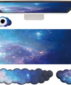 Cloud Wrist Rest Keyboard Galaxy Mouse Pad Set Gradient Blue Large Desk Mat Ergonomic Space Wrist Pad Memory Foam Non-Slip Stars Wrist Support for Computer Laptop Gaming Home Office Relief Typing Pain