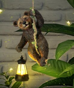 Rossesay 7 Inches Bear Statue Tree Hugger with Solar Light Resin Bear Statue Sign with LED Lantern Waterproof Hanging Figurine with Hook for Christmas Tree Decoration Outdoor Yard Garden (Brown)