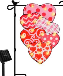 Valentine Garden Flag - 12x18 Inch Double-Sided Solar Powered LED Heart Flag with 8 Lighting Modes, Perfect for Outdoor Yard and Home Valentine’s Day Decorations