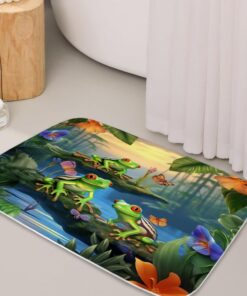 Cartoon Tropical Jungle Tree Frog Butterfly Bathroom Rugs Bath Mat Non Slip Bathroom Decor Mats Coral Velvet Door Rug with Rubber Backing Absorbent Kitchen Floor Carpet（20×31）