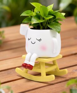 Alternative view of Smily Face Rocking Chair Planter -Cute Resin Book Coffee Succulents Plant Pots with Drainage Hole for Indoor Outdoor Garden, Gift IdeaI for Mother Appreciation Christmas (White)