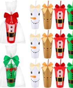 12 Pcs Reusable Christmas Cups Bulk Plastic Coffee Cups Tumbler with Lids and Straws Bow Bag Travel Mug 24 oz 4 Styles Cute Snowman Face Mugs Holiday Gift for Drinks Xmas Party Favor