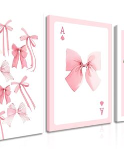 Trendy Pink Bows Canvas Wall Art Set of 3, Vintage Preppy Cherry Posters Prints, Pink Girly Room Aesthetic Wall Decor Painting for College Apartment Living Room Bedroom 12x16 In Framed