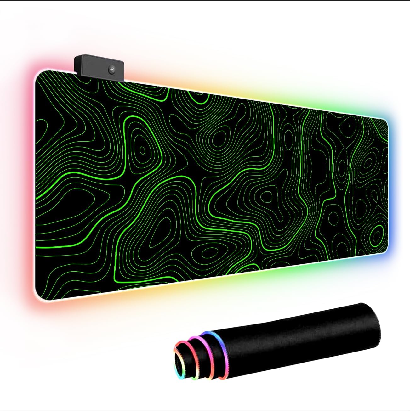 RGB Mouse Pad LED Desk Mat Large Gaming Mousepad Black and Green Line Design, Keyboard Pad XL Mouse Mat for Home and Office