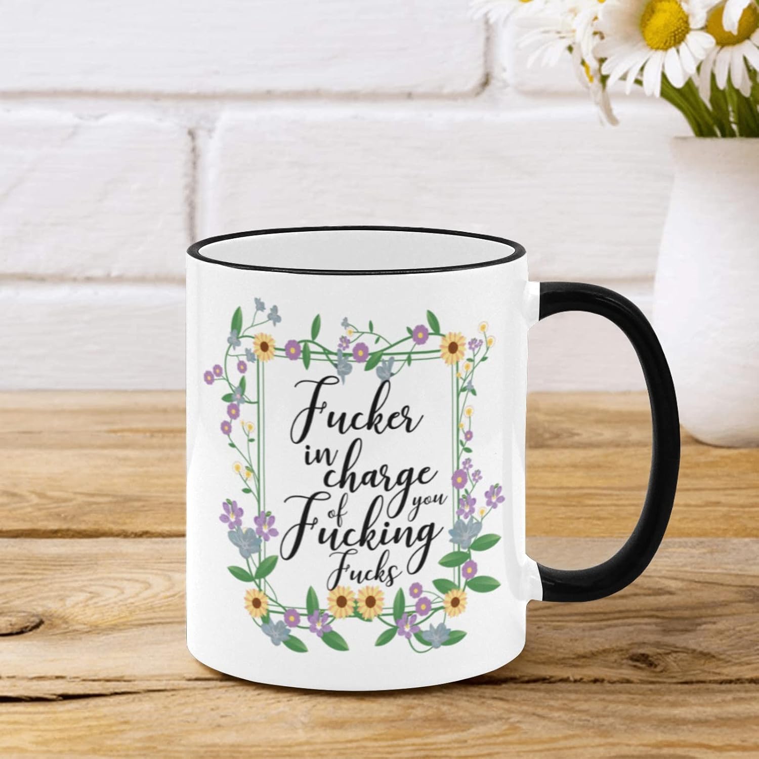 11 oz Ceramic Coffee Mug Tea Cup, Floral Flowers with Funny Rude Quote Coffee Mug Gift, Fucker In Charge Of You Fucking Fucks, Unique Birthday Christmas Sarcastic Gifts, Black + White - Image 3