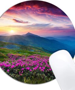 Nature Purple Flowers Meadow Mountain Scenic Mouse Pad Round Non-Slip Rubber Mousepad Laptop Office Computer Decor Cute Desk Accessories Customized Design Mouse Pad