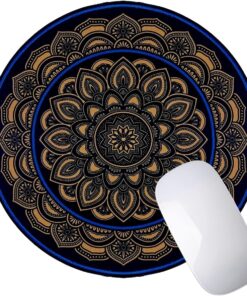 Performore Round Mandala Mouse Pad - Gold and Blue Pattern, 9" Diameter, 3MM Thick Non-Slip Rubber Base, Stitched Edge - Computer Gaming Desk Accessories for Home Office
