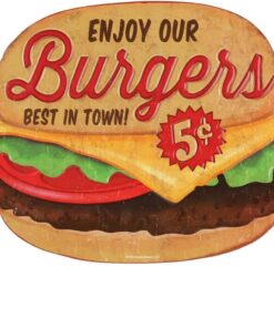 Enjoy Our Burgers Embossed Metal Sign - Vintage Diner Burgers Sign for Kitchen or Man Cave - Best in Town