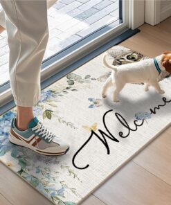 Alternative view of WARDOS Cat Welcome Mat, Blue Rustic Hydrangea Floral Tabby Cat Door Mat for Front Door Indoor Outdoor Entrance Porch, Cute Kitten Doormat Bath Mats, 17x30 Inches