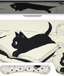 Ovenbird Mouse Pad Set 4-in-1 | Large Gaming Mousepad, Keyboard Wrist Rest, Mouse Wrist Support, Coaster | Ergonomic Office Desk Mat Accessories for Women Men | 4PCS, 35.4 x 15.7in, Black Cat