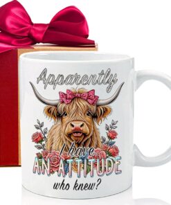 Funny Coffee Mug Gift for Women and Men - Apparently I Have an Attitude Who Knew, Perfect for Best Friends, Coworkers with Highland Cow Design, White Elephant, Birthday, Christmas Gag Gifts-265