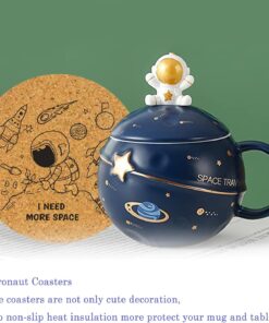 Alternative view of Kawaii Astronaut Cup Space Embossed Planet Mug, Cute Ceramic Coffee Mug, Novelty Mug with Lid and Spoon for Coffee, Tea, Milk, Aesthetic Room Decor Funny Gift for Girl Boy Women (Dark blue)