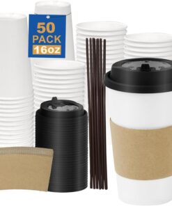 16 oz 50 Pack Coffee Cups with Lids and Sleeves, Straws, Hot Disposable To Go Travel Paper Cups Bulk for Office, Home Coffee Bar Accessories, Chocolate, Cocoa, Beverage (White)