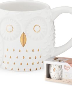 Pinky Up Olivia Owl Mug, Cute Mugs for Women, Tea Tumbler Cup, Tea Accessory Gifts, Owl Design, White and Gold, 16oz