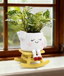 Smily Face Rocking Chair Planter -Cute Resin Book Coffee Succulents Plant Pots with Drainage Hole for Indoor Outdoor Garden, Gift IdeaI for Mother Appreciation Christmas (White)